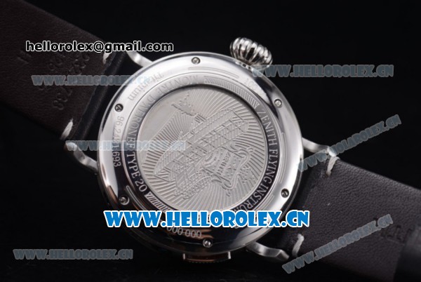 Zenith Pilot Type 20 GMT Asia ST25 Automatic Steel Case with White Dial Arabic Numeral Markers and Black Leather Strap - Click Image to Close