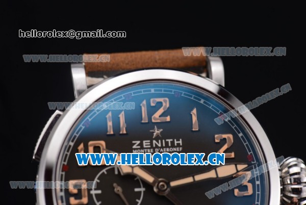 Zenith Pilot Type 20 GMT Asia ST25 Automatic Steel Case with Black Dial Arabic Numeral Markers and Brown Leather Strap - Click Image to Close