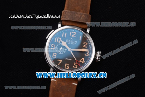 Zenith Pilot Type 20 GMT Asia ST25 Automatic Steel Case with Black Dial Arabic Numeral Markers and Brown Leather Strap - Click Image to Close