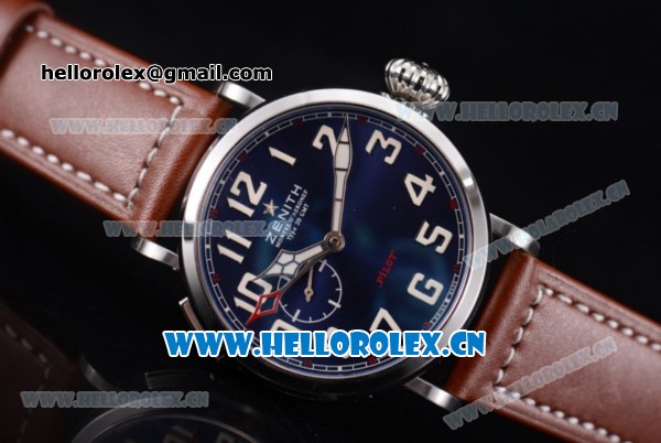 Zenith Pilot Type 20 GMT Asia ST25 Automatic Steel Case with Blue Dial Arabic Numeral Markers and Brown Leather Strap - Click Image to Close