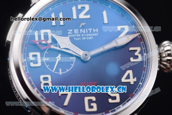 Zenith Pilot Type 20 GMT Asia ST25 Automatic Steel Case with Blue Dial Arabic Numeral Markers and Brown Leather Strap - Click Image to Close