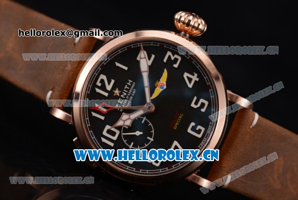 Zenith Pilot Type 20 GMT Asia ST25 Automatic Rose Gold Case with Black Dial Arabic Numeral Markers and Brown Leather Strap - Click Image to Close