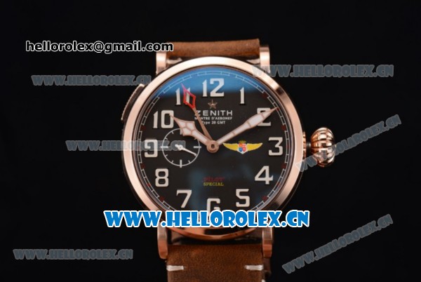 Zenith Pilot Type 20 GMT Asia ST25 Automatic Rose Gold Case with Black Dial Arabic Numeral Markers and Brown Leather Strap - Click Image to Close