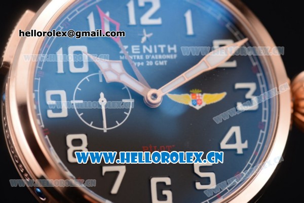 Zenith Pilot Type 20 GMT Asia ST25 Automatic Rose Gold Case with Black Dial Arabic Numeral Markers and Brown Leather Strap - Click Image to Close
