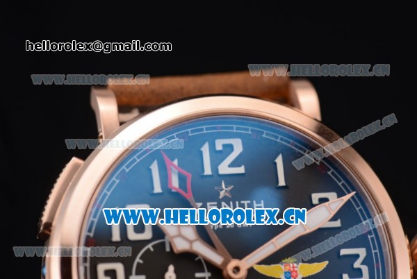 Zenith Pilot Type 20 GMT Asia ST25 Automatic Rose Gold Case with Black Dial Arabic Numeral Markers and Brown Leather Strap - Click Image to Close