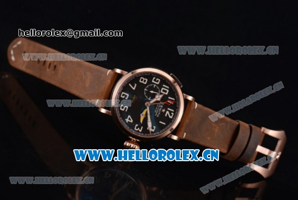 Zenith Pilot Type 20 GMT Asia ST25 Automatic Rose Gold Case with Black Dial Arabic Numeral Markers and Brown Leather Strap - Click Image to Close