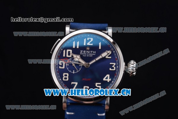 Zenith Pilot Type 20 GMT Asia ST25 Automatic Steel Case with Blue Dial Arabic Numeral Markers and Blue Leather Strap - Click Image to Close