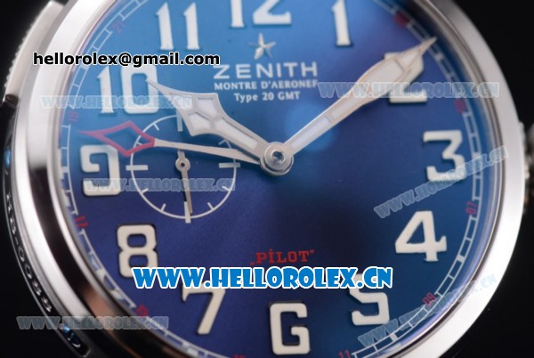 Zenith Pilot Type 20 GMT Asia ST25 Automatic Steel Case with Blue Dial Arabic Numeral Markers and Blue Leather Strap - Click Image to Close
