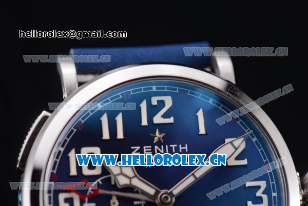 Zenith Pilot Type 20 GMT Asia ST25 Automatic Steel Case with Blue Dial Arabic Numeral Markers and Blue Leather Strap - Click Image to Close