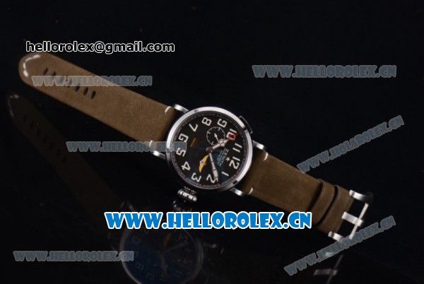 Zenith Pilot Type 20 GMT Asia ST25 Automatic Steel Case with Black Dial Arabic Numeral Markers and Army Green Leather Strap - Click Image to Close