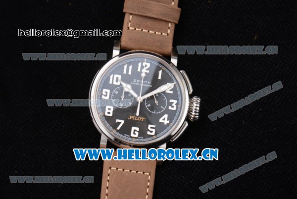 Zenith Heritage Pilot Ton-up Miyota Automatic Steel Case with Black Dial and Brown Leather Strap Arabic Numeral Markers - Click Image to Close