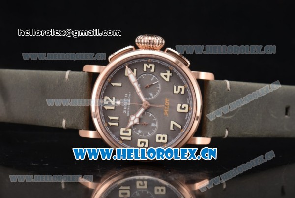 Zenith Heritage Pilot Ton-up Miyota Automatic Rose Gold Case with Brown Dial and Army Green Leather Strap Arabic Numeral Markers - Click Image to Close