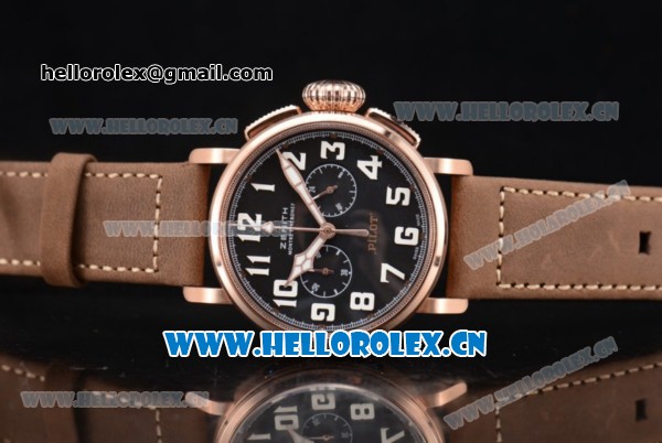 Zenith Heritage Pilot Ton-up Miyota Automatic Rose Gold Case with Black Dial and Brown Leather Strap Arabic Numeral Markers - Click Image to Close