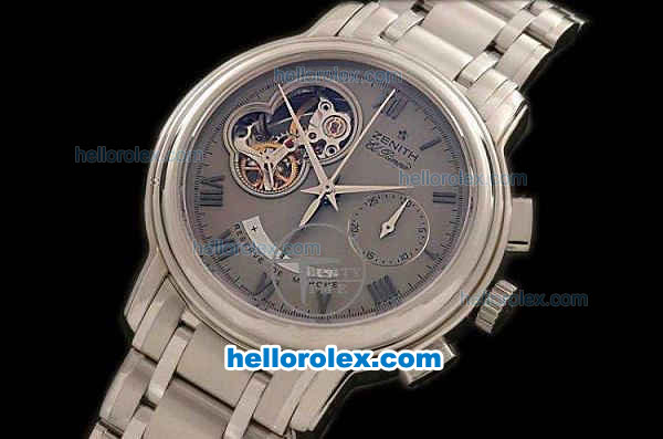 Zenith EL Primero Chronograph Swiss Valjoux 7750 Manual Winding Movement Full Steel with Grey Dial and Roman Numerals - Click Image to Close