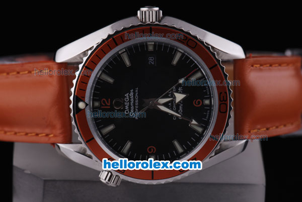 Omega Seamaster Planet Ocean Automatic with Orange Bezel and Leather Strap - Click Image to Close