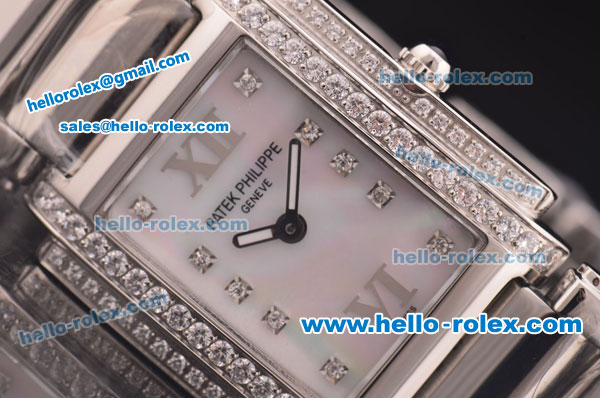 Patek Philippe Ref.4910 Swiss ETA Quartz Movement Diamond Bezel and Marking with White MOP Dial Lady Model - Click Image to Close