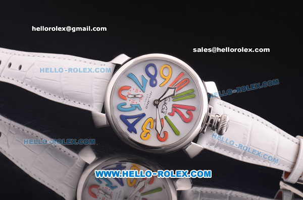 Gaga Milano Italy Asia 6497 Manual Winding Steel Case with White Dial and White Strap - colorized Markers - Click Image to Close