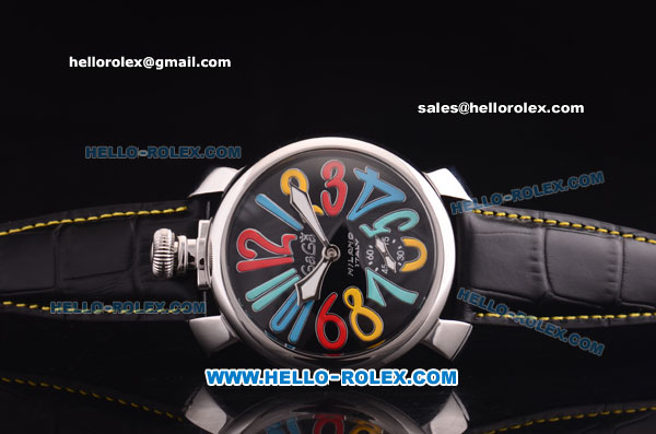 Gaga Milano Italy Asia 6497 Manual Winding Steel Case with Black Dial and Black Strap - colorized Markers - Click Image to Close