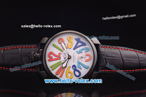 Gaga Milano Italy Asia 6497 Manual Winding PVD Case with White Dial and Black Strap - colorized Markers - Click Image to Close