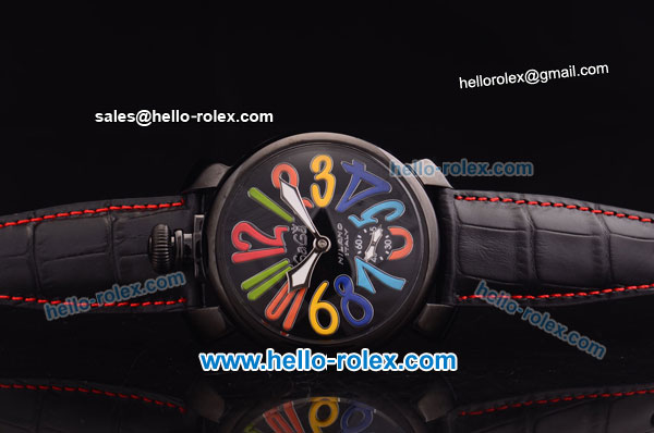 Gaga Milano Italy Asia 6497 Manual Winding PVD Case with Black Dial and Black Strap - colorized Markers - Click Image to Close