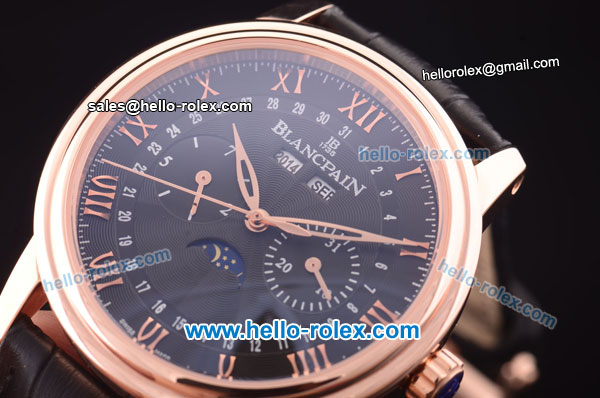 BlancPain Moonphase ST25 Automatic Rose Gold Case with Black Dial and Black Leather Strap-Rose Gold Markers - Click Image to Close