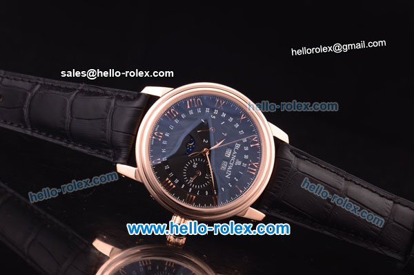 BlancPain Moonphase ST25 Automatic Rose Gold Case with Black Dial and Black Leather Strap-Rose Gold Markers - Click Image to Close