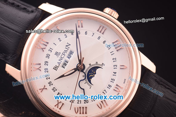 BlancPain Moonphase ST25 Automatic Rose Gold Case with White Dial and Black Leather Strap-Rose Gold Markers - Click Image to Close