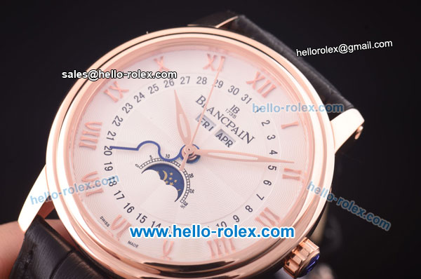BlancPain Moonphase ST25 Automatic Rose Gold Case with White Dial and Black Leather Strap-Rose Gold Markers - Click Image to Close