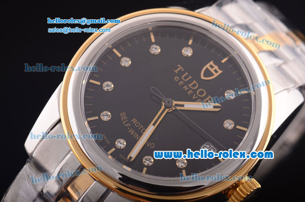 Tudor Rotor Self-Winding Automatic Two Tone Case with Black Dial and Diamond Markers-ETA Coating - Click Image to Close