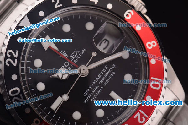 Rolex GMT Master Vintage Asia 2813 Automatic Full Steel and Black/Red Bezel with Black Dial- White Punctate Markers - Click Image to Close