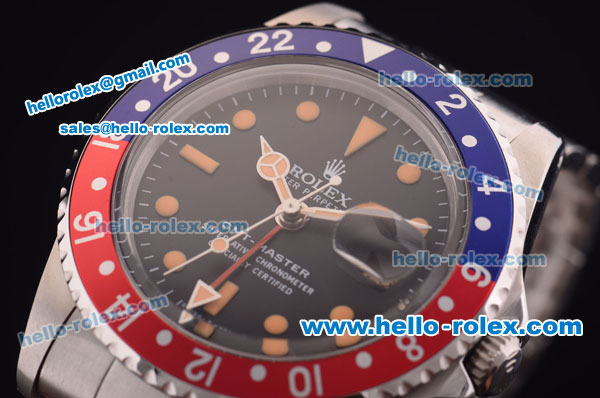 Rolex GMT Master Vintage Asia 2813 Automatic Full Steel and Blue/Red Bezel with Black Dial- Yellow Punctate Markers - Click Image to Close