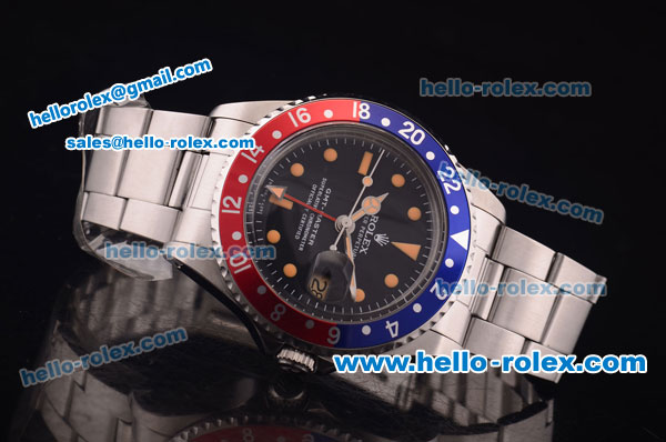 Rolex GMT Master Vintage Asia 2813 Automatic Full Steel and Blue/Red Bezel with Black Dial- Yellow Punctate Markers - Click Image to Close