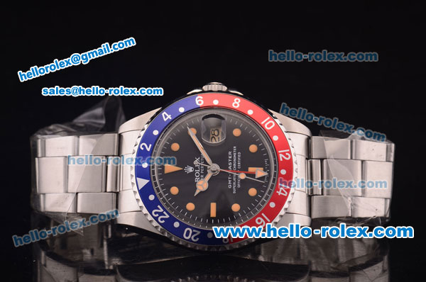 Rolex GMT Master Vintage Swiss ETA 2836 Automatic Full Steel and Blue/Red Bezel with Black Dial- Yellow Punctate Markers - Click Image to Close