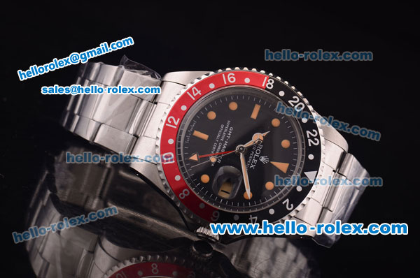 Rolex GMT Master Vintage Swiss ETA 2836 Automatic Full Steel and Black/Red Bezel with Black Dial- Yellow Punctate Markers - Click Image to Close