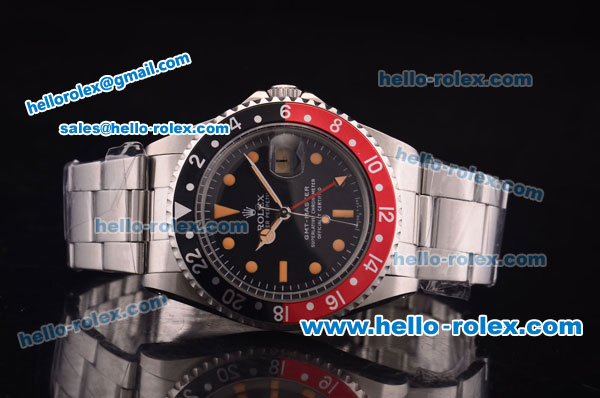 Rolex GMT Master Vintage Asia 2813 Automatic Full Steel and Black/Red Bezel with Black Dial- Yellow Punctate Markers - Click Image to Close