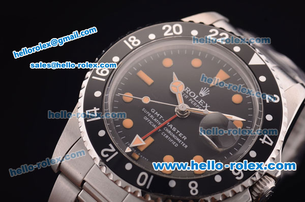 Rolex GMT Master Vintage Swiss ETA 2836 Automatic Full Steel With Black Bezel and Black Dial-Yellow Punctate Markers - Click Image to Close