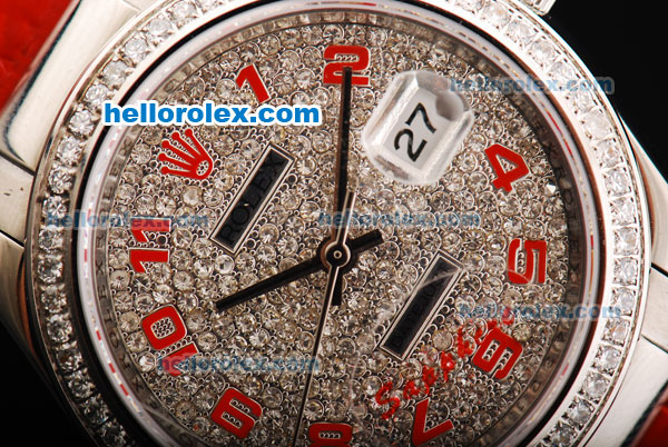 Rolex Datejust Oyster Perpetual Automatic Movement Diamond Dial with Diamond Bezel and Red Leather Strap - Click Image to Close