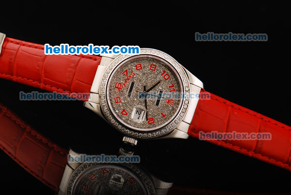 Rolex Datejust Oyster Perpetual Automatic Movement Diamond Dial with Diamond Bezel and Red Leather Strap - Click Image to Close
