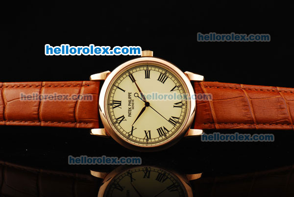 Patek Philippe Calatrava Manual Winding Movement Rose Gold Case with Yellow Dial and Black Roman Numerals - Click Image to Close