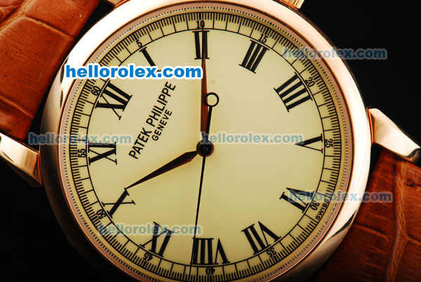 Patek Philippe Calatrava Manual Winding Movement Rose Gold Case with Yellow Dial and Black Roman Numerals - Click Image to Close