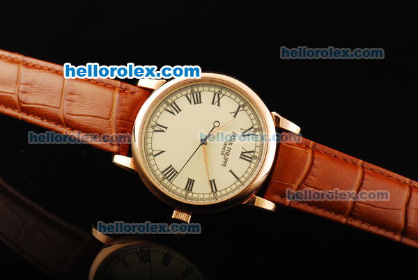 Patek Philippe Calatrava Manual Winding Movement Rose Gold Case with Yellow Dial and Black Roman Numerals - Click Image to Close