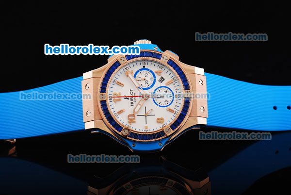 Hublot Big Bang Chronograph Swiss Valjoux 7750 Automatic Movement White Dial with Blue Diamond Bezel and Blue Rubber Strap - Click Image to Close