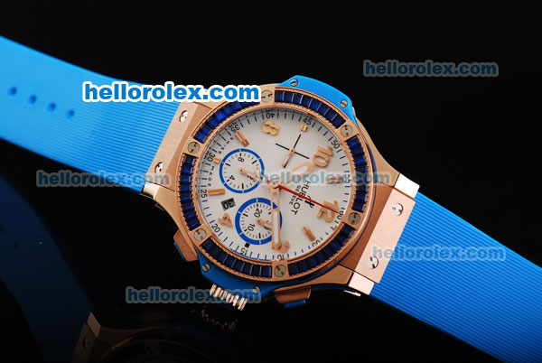 Hublot Big Bang Chronograph Swiss Valjoux 7750 Automatic Movement White Dial with Blue Diamond Bezel and Blue Rubber Strap - Click Image to Close