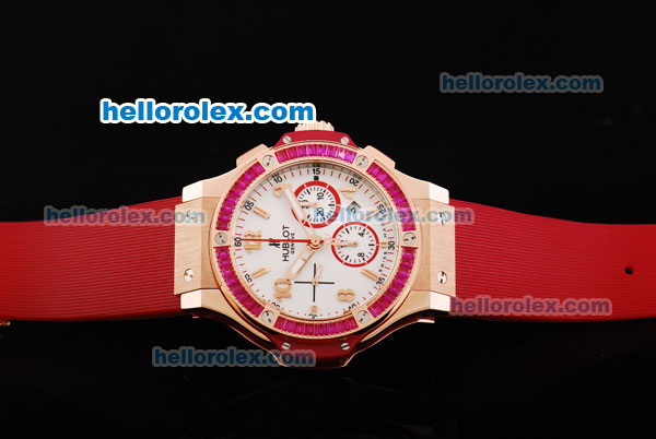 Hublot Big Bang Chronograph Swiss Valjoux 7750 Automatic Movement White Dial with Pink Diamond Bezel and Red Rubber Strap - Click Image to Close