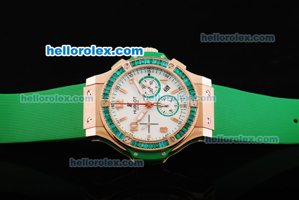 Hublot Big Bang Chronograph Swiss Valjoux 7750 Automatic Movement White Dial with Green Diamond Bezel and Rose Gold Stick Markers/ Arabic Numerals - Click Image to Close