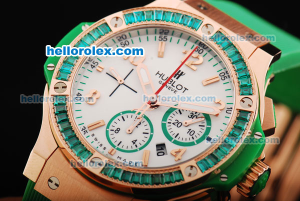 Hublot Big Bang Chronograph Swiss Valjoux 7750 Automatic Movement White Dial with Green Diamond Bezel and Rose Gold Stick Markers/ Arabic Numerals - Click Image to Close