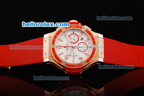 Hublot Big Bang Chronograph Swiss Valjoux 7750 Automatic Movement White Dial with Red Diamond Bezel and Red Rubber Strap - Click Image to Close