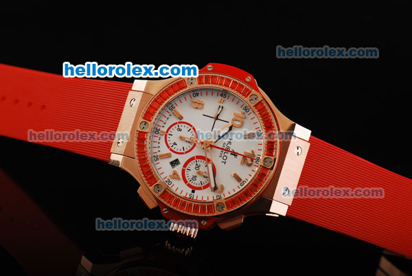 Hublot Big Bang Chronograph Swiss Valjoux 7750 Automatic Movement White Dial with Red Diamond Bezel and Red Rubber Strap - Click Image to Close