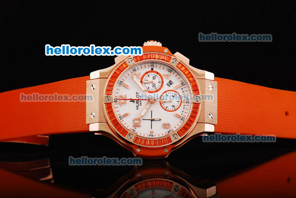 Hublot Big Bang Chronograph Swiss Valjoux 7750 Automatic Movement White Dial with Orange Diamond Bezel and Orange Rubber Strap - Click Image to Close