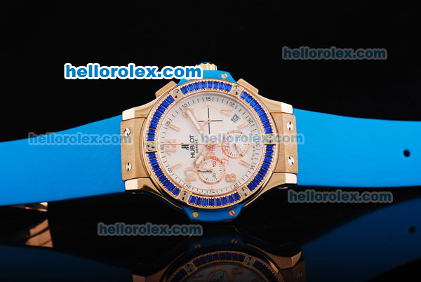 Hublot Big Bang Chronograph Quartz Movement White Dial with Blue Diamond Bezel and Blue Rubber Strap-Lady Size - Click Image to Close